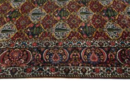 Full view of 1930s Bakhtiar rug from Iran / Persia, 395 × 334 cm in Red tones