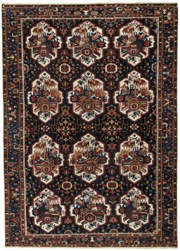 Full view of 1950s Bakhtiar rug from Iran / Persia, 302 × 218 cm in Blue tones