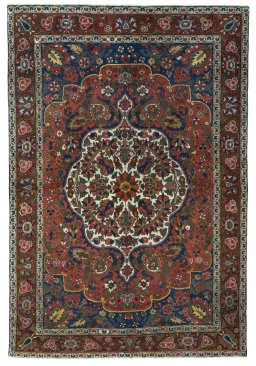 Full view of 1930s Bakhtiar rug from Iran / Persia, 230 × 155 cm in Red tones