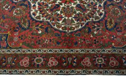 Full view of 1930s Bakhtiar rug from Iran / Persia, 230 × 155 cm in Red tones