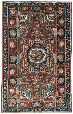 Full view of 1930s Bakhtiar rug from Iran / Persia, 234 × 148 cm in Red tones