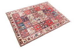 Corner detail of 1985s Bakhtiar rug showing border pattern and Wool pile