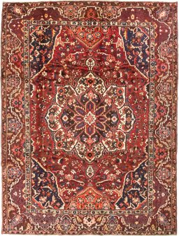 Full view of 1990s Bakhtiar rug from Iran / Persia, 375 × 280 cm in Red tones