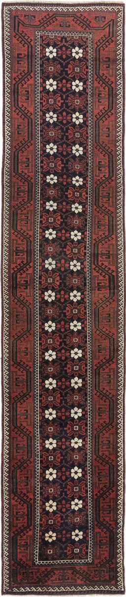 Full view of 1900s Baloch rug from Afghanistan, 450 × 94 cm in Red tones
