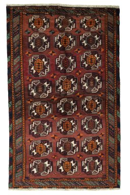Full view of 2000s Baloch rug from Iran / Persia, 229 × 141 cm in Red tones