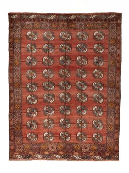 Full view of 1970s Baloch rug from Iran / Persia, 274 × 211 cm in Red tones