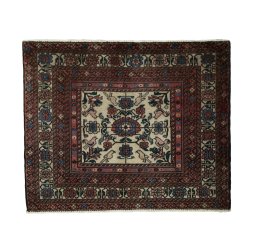 Full view of 2000s Baloch rug from Iran / Persia, 78 × 95 cm in Beige tones