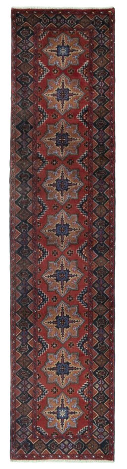Full view of 2000s Baloch rug from Iran / Persia, 310 × 72 cm in Red tones