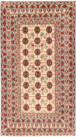 Full view of 1990s Baloch rug from Iran / Persia, 195 × 108 cm in Cream tones