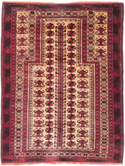 Full view of 1970s Baloch rug from Iran / Persia, 128 × 100 cm in Cream tones