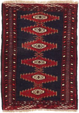 Full view of 1990s Baloch rug from Iran / Persia, 75 × 55 cm in Blue tones