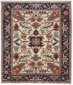 Full view of 1990s Gharajeh rug from Iran / Persia, 409 × 357 cm in Cream tones