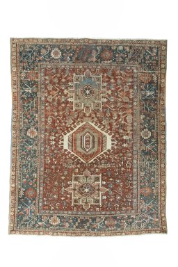 Full view of 1930s Gharajeh rug from Iran / Persia, 184 × 144 cm in Red tones