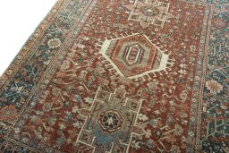 Backside of handmade 1930s Gharajeh rug showing knot structure and weave density