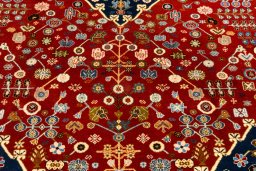 Corner detail of New Ghashghai rug showing border pattern and Wool pile