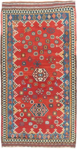 Full view of 1940s Ghashghai rug from Iran / Persia, 303 × 158 cm in Red tones