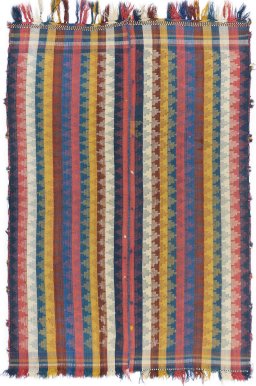 Full view of 1940s Ghashghai rug from Iran / Persia, 242 × 135 cm in Multi Color tones