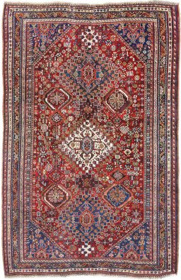 Full view of 1940s Ghashghai rug from Iran / Persia, 275 × 180 cm in Dark red tones