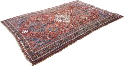 Corner detail of 1940s Ghashghai rug showing border pattern and Wool pile