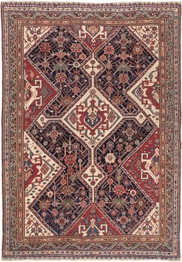 Full view of 1900s Ghashghai rug from Iran / Persia, 187 × 130 cm in Dark blue tones