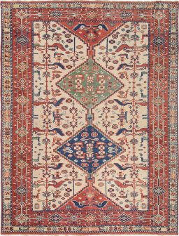 Full view of 2000s Ghashghai rug from Iran / Persia, 213 × 163 cm in Cream tones