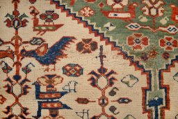 Full view of 2000s Ghashghai rug from Iran / Persia, 213 × 163 cm in Cream tones