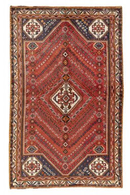 Full view of 2000s Ghashghai rug from Iran / Persia, 260 × 163 cm in Red tones