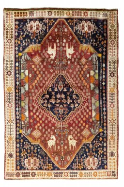 Full view of 2000s Ghashghai rug from Iran / Persia, 229 × 154 cm in Red tones