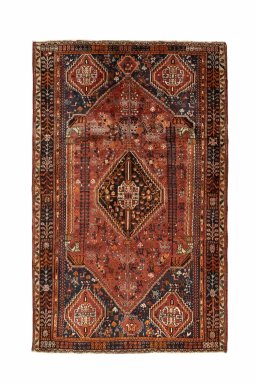 Full view of 2000s Ghashghai rug from Iran / Persia, 245 × 155 cm in Red tones