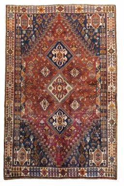 Full view of 2000s Ghashghai rug from Iran / Persia, 260 × 170 cm in Red tones