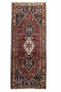 Full view of 2000s Ghashghai rug from Iran / Persia, 282 × 118 cm in Red tones