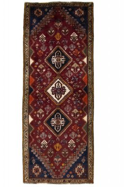 Full view of 2000s Ghashghai rug from Iran / Persia, 198 × 80 cm in Red tones