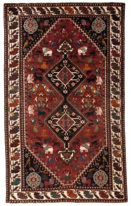 Full view of 2000s Ghashghai rug from Iran / Persia, 266 × 161 cm in Red tones