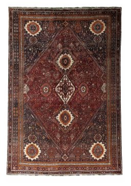 Full view of 2000s Ghashghai rug from Iran / Persia, 316 × 216 cm in Red tones
