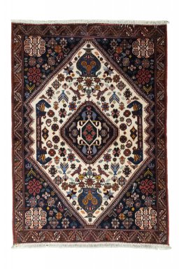 Full view of 2000s Ghashghai rug from Iran / Persia, 143 × 102 cm in Beige tones
