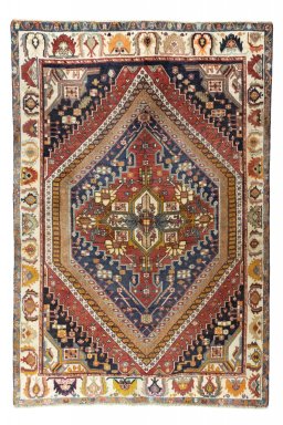 Full view of 2000s Ghashghai rug from Iran / Persia, 224 × 150 cm in Multi Color tones