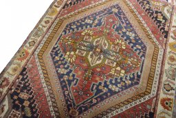 Backside of handmade 2000s Ghashghai rug showing knot structure and weave density