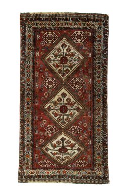 Full view of 1950s Ghashghai rug from Iran / Persia, 264 × 140 cm in Red tones
