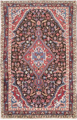 Full view of 1950s Hamedan rug from Iran / Persia, 213 × 136 cm in Brown tones