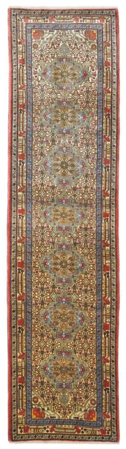 Full view of New Hamedan rug from Iran / Persia, 303 × 77 cm in Beige tones