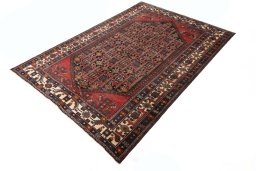 Corner detail of 2000s Hamedan rug showing border pattern and Wool pile
