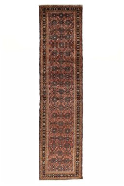Full view of 2000s Hamedan rug from Iran / Persia, 330 × 83 cm in Red tones