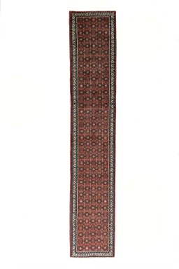 Full view of New Hamedan rug from Iran / Persia, 406 × 77 cm in Red tones