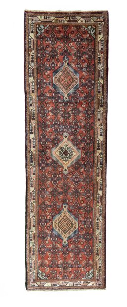 Full view of 2000s Hamedan rug from Iran / Persia, 275 × 80 cm in Red tones