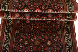 Full view of New Hamedan rug from Iran / Persia, 287 × 75 cm in Red tones
