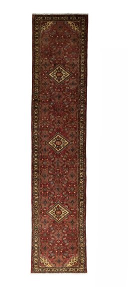 Full view of New Hamedan rug from Iran / Persia, 383 × 78 cm in Red tones
