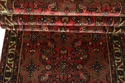 Full view of New Hamedan rug from Iran / Persia, 383 × 78 cm in Red tones