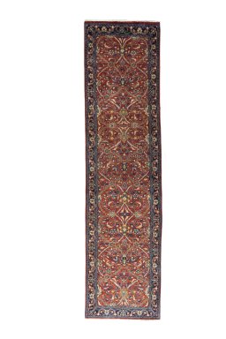 Full view of New Hamedan rug from Iran / Persia, 327 × 84 cm in Red tones