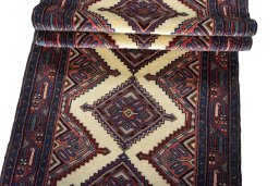 Full view of New Hamedan rug from Iran / Persia, 455 × 80 cm in Beige tones