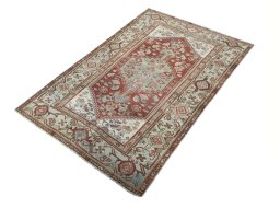 Corner detail of 1950s Hamedan rug showing border pattern and Wool pile
